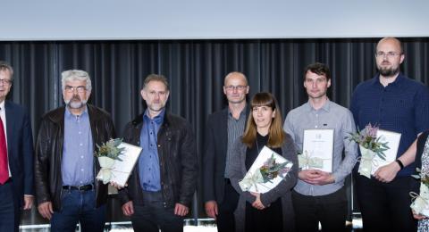 Styrkhafar Eggertssjóðs ásamt rektor HÍ. Frá vinstri: Jón Atli Benediktsson, rektor Háskóla Íslands, Enikö Bali lektor, Esther Ruth Guðmundsdóttir lektor, Sigurður S. Snorrason prófessor, Zophonías O. Jónsson prófessor, Dr. Þorkell Guðjónsson, Dr. Sævar Ingþórsson og Dr. Isabel P.C. Barro.