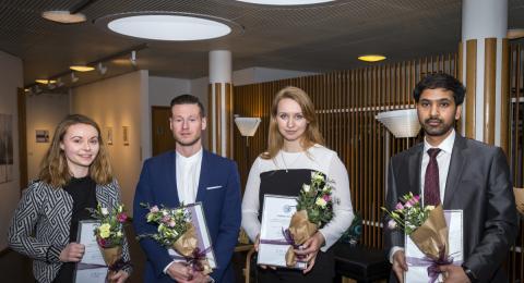 Verðlaunahafarnir fjórir við afhendingu verðlaunanna í Norræna húsinu. Frá vinstri: Tijana Drobnjak, Finnur Freyr Eiríksson, Agnieszka Popielec og Venu Gobal Reddy Patlolla.