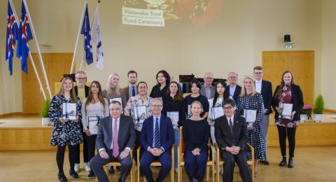 Grant recipients and their representatives, along with the board of the Watanabe Trust Fund, the Rector of the University of Iceland, and the Ambassador of Japan to Iceland.