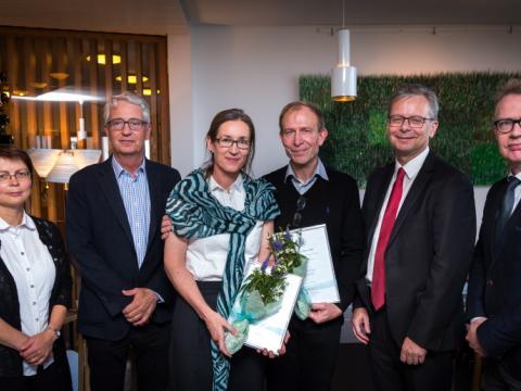Styrkhafar ásamt stjórn Sjóðs Sigríðar Lárusdóttur og rektor Háskóla Íslands. Frá vinstri: Vigdís Pétursdóttir stjórnarmaður, Þorvaldur Ingvarsson, formaður stjórnar, Kristín Briem, Halldór Jónsson, Jón Atli Benediktsson, rektor Háskóla Íslands, og Magnús Karl Magnússon, deildarforseti Læknadeildar og stjórnarmaður.