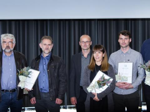 Styrkhafar Eggertssjóðs ásamt rektor HÍ. Frá vinstri: Jón Atli Benediktsson, rektor Háskóla Íslands, Enikö Bali lektor, Esther Ruth Guðmundsdóttir lektor, Sigurður S. Snorrason prófessor, Zophonías O. Jónsson prófessor, Dr. Þorkell Guðjónsson, Dr. Sævar Ingþórsson og Dr. Isabel P.C. Barro.