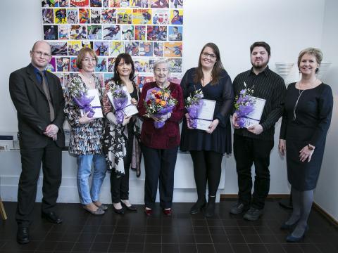 Már Másson, deildarforseti Lyfjafræðideildar, Elín Soffía Ólafsdóttir prófessor, Anna Bryndís Blöndal, doktorsnemi í lyfjafræði, Margrét Scheving Thorsteinsson, annar stofnandi sjóðsins, Ása Bryndís Guðmundsdóttir, doktorsnemi í lyfjafræði, Zoltán Fuelöp, doktorsnemi í lyfjavísindum og Kristín Ingólfsdóttir, rektor Háskóla Íslands.