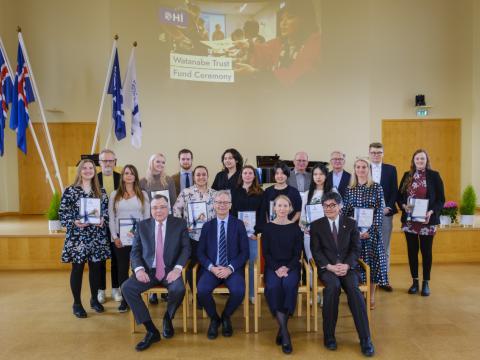 Grant recipients and their representatives, along with the board of the Watanabe Trust Fund, the Rector of the University of Iceland, and the Ambassador of Japan to Iceland.