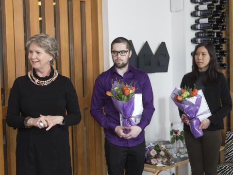Kristín Ingólfsdóttir, rektor Háskóla Íslands, ásamt styrkhöfum 2015.