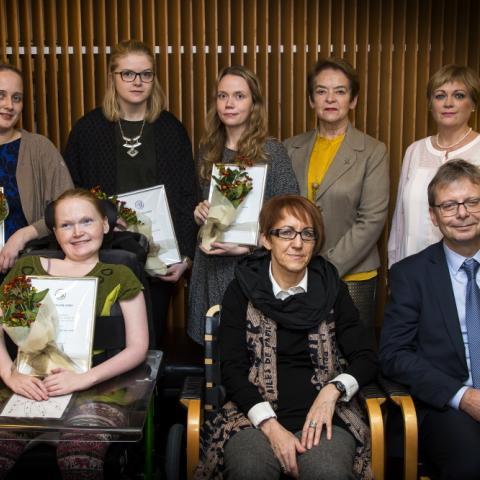 Styrkhafar Þórsteinssjóðs 2015 ásamt stjórn sjóðsins þeim Rannveigu Traustadóttur, prófessor og formanni stjórnar, Helgu Eysteinsdóttur stjórnarmanni, Kristjönu Mjöll Sigurðardóttur, starfandi deildstjóra náms- og starfsráðgjafar HÍ og stjónarmanni, og Jóni Atla Benediktssyni, rektor Háskóla Íslands.