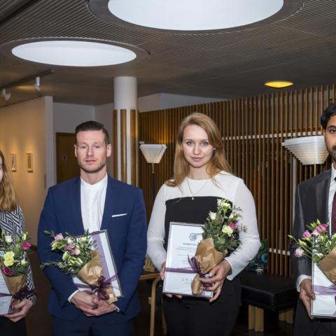 Verðlaunahafarnir fjórir við afhendingu verðlaunanna í Norræna húsinu. Frá vinstri: Tijana Drobnjak, Finnur Freyr Eiríksson, Agnieszka Popielec og Venu Gobal Reddy Patlolla. 