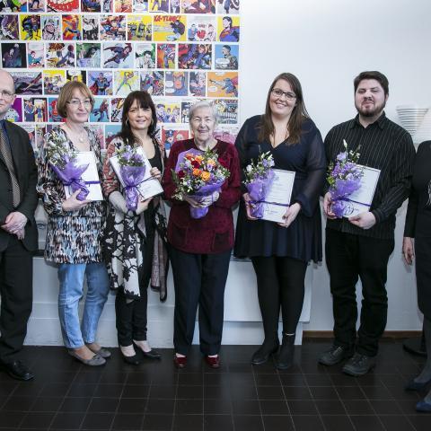 Már Másson, deildarforseti Lyfjafræðideildar, Elín Soffía Ólafsdóttir prófessor, Anna Bryndís Blöndal, doktorsnemi í lyfjafræði, Margrét Scheving Thorsteinsson, annar stofnandi sjóðsins, Ása Bryndís Guðmundsdóttir, doktorsnemi í lyfjafræði, Zoltán Fuelöp, doktorsnemi í lyfjavísindum og Kristín Ingólfsdóttir, rektor Háskóla Íslands.