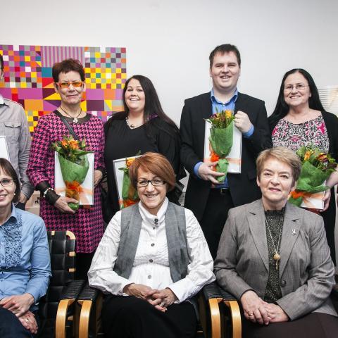  Styrkhafar ásamt stjórn sjóðsins. Efri röð: Steingrímur E. Jónsson, María Hauksdóttir, Ásdís Lilja Guðmundsdóttir, Bergvin Oddsson, Inga Sæland Ástvaldsdóttir og Jón Atli Benediktsson aðstoðarrektor. Neðri röð: María Dóra Björnsdóttir, Rannveig Traustadóttir og Helga Eysteinsdóttir.