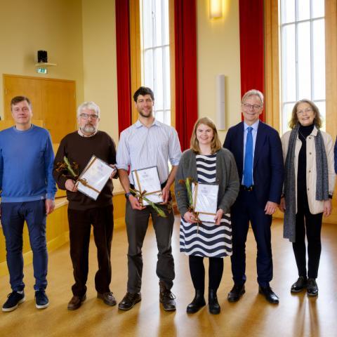 Styrkhafar og fulltrúar þeirra ásamt rektor, stjórn sjóðsins og starfsmanni Styrktarsjóða HÍ.