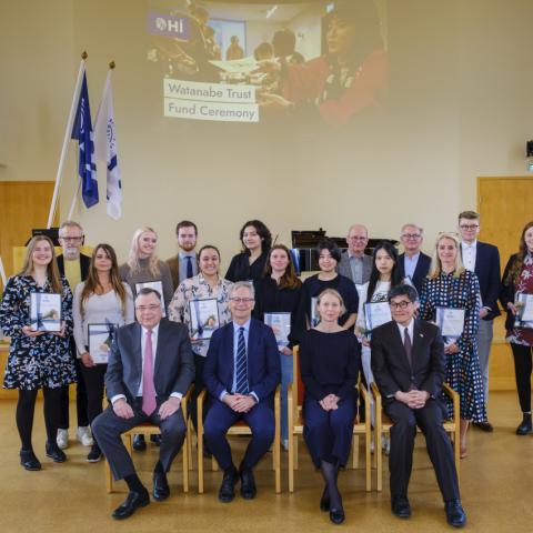 Grant recipients and their representatives, along with the board of the Watanabe Trust Fund, the Rector of the University of Iceland, and the Ambassador of Japan to Iceland.